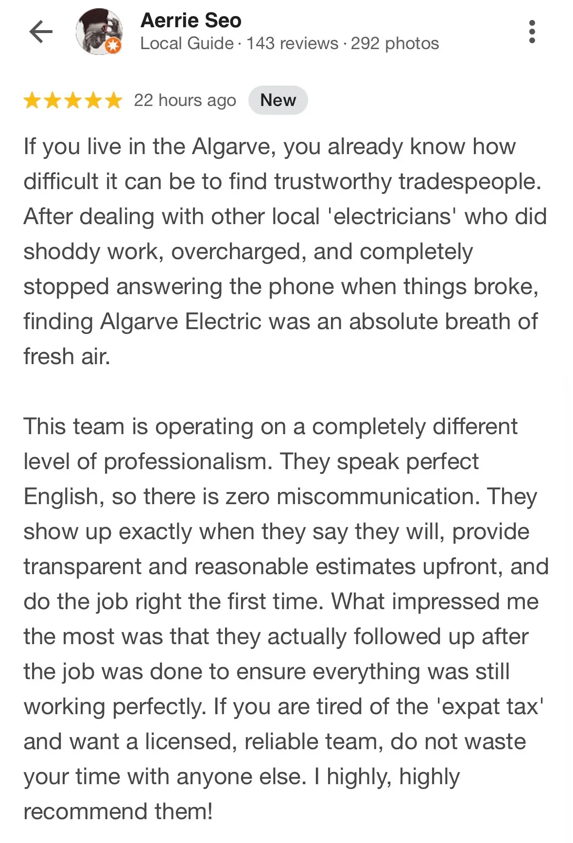 5 star Google review for Algarve Electric