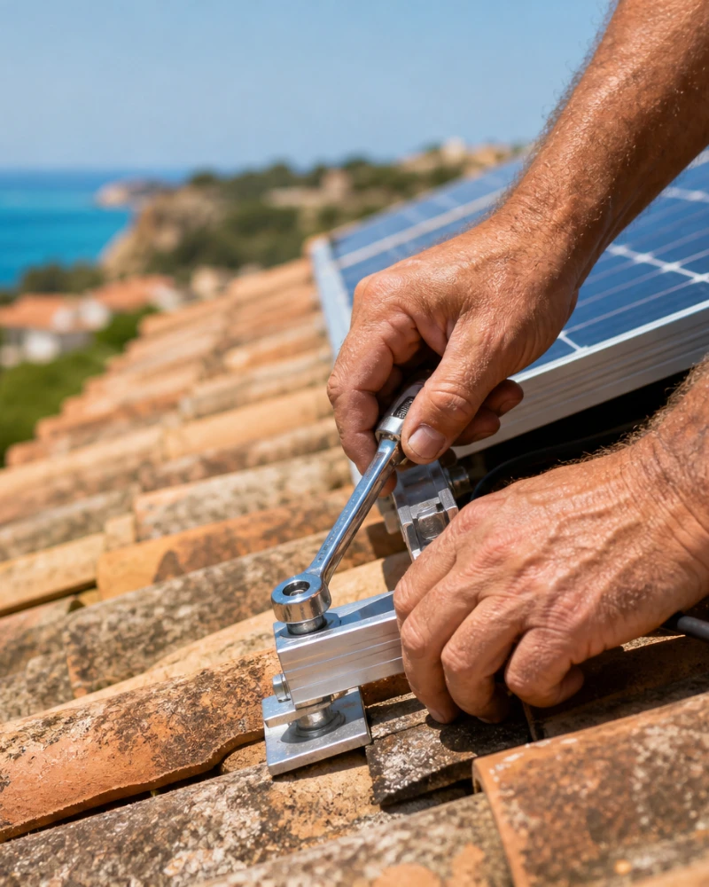 Electrician servicing a rooftop solar panel mount in the Algarve